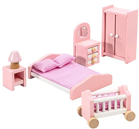 SOKA - Set da gioco in legno rosa per camera da letto, gioco di finzione, casa delle bambole, set di mobili realistici in miniatura, modellini modellini per letto, armadio, toletta, culla per bambini