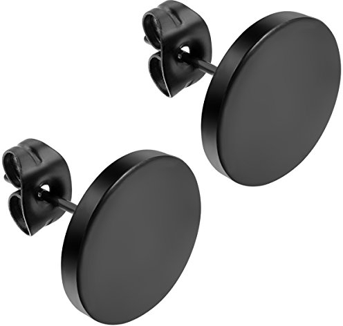 JewelryWe Schmuck Herren-Ohrringe, 12mm Rund Kreis Ohrstecker, 2pcs(1 Paar), Edelstahl, Schwarz