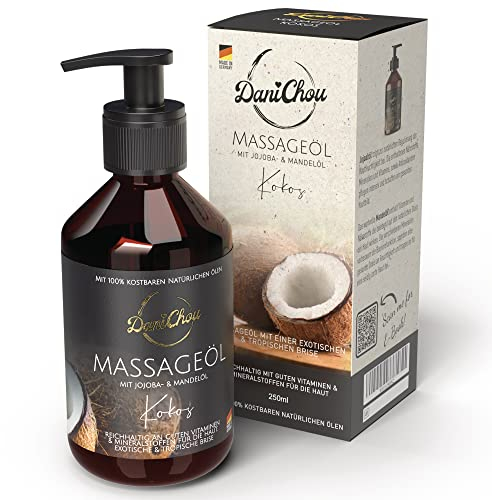DaniChou Massageöl Kokos 250ml - Natürliche Entspannung - Mit Jojobaöl & Mandelöl - Exotische & tropische Brise - 100% Naturkosmetik & ätherische Öle - Ohne Paraffine & Farbstoffe - Pflegendes Öl