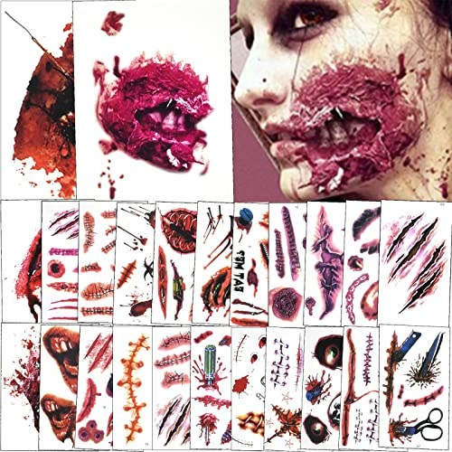 Huarsion 24 Blätter Halloween Schminke Zombie Narben Wunden Kunstblut Horror Gruselig Tattoo Aufkleber Temporäre Tattoos Halloween Kostüm Makeup Requisiten