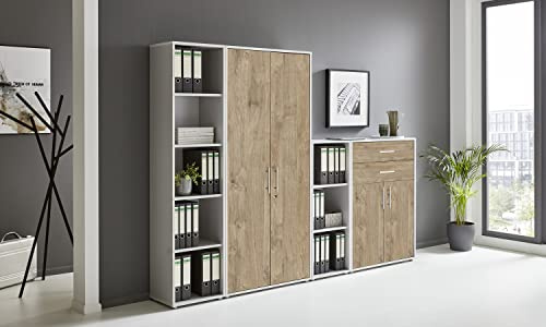 BMG Möbel Aktenschrank Office Edition Set 22, Büroschrank abschließbar mit Metallgriffen Made in Germany (Lichtgrau/Gold Harbor Oak)