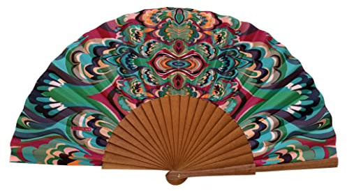 Tusitala Barcelona Abanico Español Arabesco - Madera y Algodón - 23 cm - Estuche y Funda de Yute - Accesorio de Moda - Hecho a Mano en España - Eventos y Regalos - Colección Alzar la Mirada