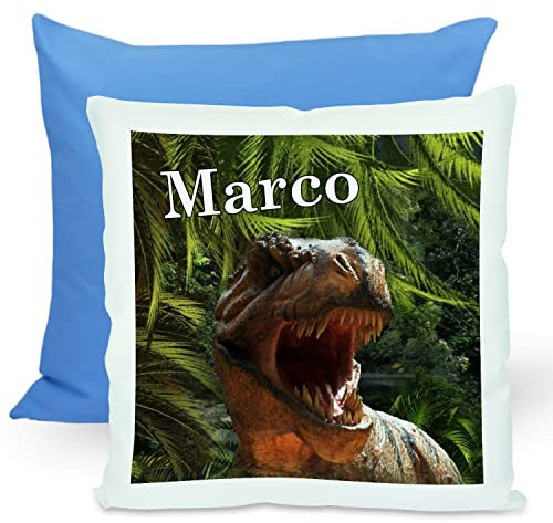 CreaDesign, Kinder Kissen 40x40 cm personalisiert mit Namen, Kinderzimmer Deko Kissen Kinder mit Füllung Federn, Motiv T-Rex, Rückenfarbe Blau