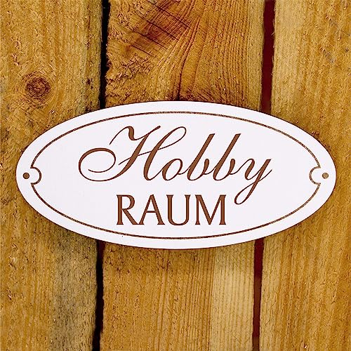 Türschild Hobby Raum - Schild oval Holzschild mit Gravur Hobbyraum selbstklebend weiß Hinweisschild 15 x 7 cm