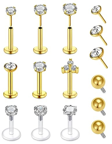 Longita 16g Gold Labret Piercing Tragus Helix Piercing Lippenpiercing Stud 6mm Gewindeloses Einschieben Bioflex Lippen Retainer Conch Piercing Ohrstecker