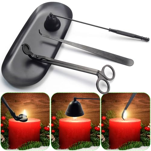 Ohromcoli Kerzenlöscher - 4 in 1 Kerzenauslöscher Set, Kerzendochtschneider, Dochtlöffel,Metall Tablett, kerzenlöscher Edelstahl für Kerzenliebhaber Geschenk (Schwarz)