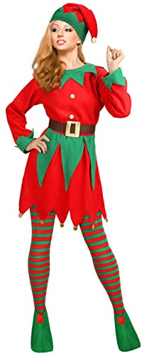 HodJIU Costume natalizio da donna, costume da elfo, Natale, per adulti, vestito rosso verde + cintura + cappello + scarpe vestito da festa di Natale (rosso verde per bambini, taglia unica)