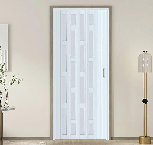 DIYHD 38X80in Glass Accordion Door with Latch&Handle, Double-Layer Thickened PVC Folding Interior Door with Frosted Acrylic - Blocks Views, Lets Light In, Easy Install for Closet, Utility&Room Divider