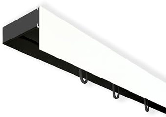 SN Deco - Vorhangschiene SH Set 1-läufig, Gardinenschiene, vorgebohrt, m. Blende weiß 7.5cm, Komplettes Zubehör und Röllchen (Schiene Schwarz, Blende Weiß, 240 cm - aus 2 Teilen)