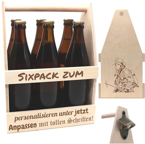 FEUERWEHR-Bierträger personalisiert Sixpack Flaschenträger Bierträger aus Holz mit Gravur Männerhandtasche mit Namen Geburtstagsgeschenk Biergeschenk Feuerwehrtest Feuerwehrprobe Feuerwehrprüfung