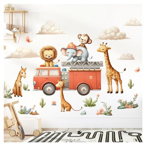 Little Deco Wandtattoo Dschungeltiere mit Feuerwehrauto DL5052 XXL