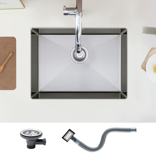 KEOKBON 60 x 45 cm Stainless Steel Kitchen Sink, Nano Silber | 60x45x19cm, Large Kitchen Sink with Waste, P‑trap, Drain Pipe and Overflow, Undermount & flushmount & Topmount