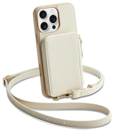 CUSTYPE Für iPhone 16 Pro Max Hülle, Handyhülle für iPhone 16 Pro Max Hülle mit Band, Mikrofaser Leder Hülle mit Geldbörse und Kartenfach, Handykette Hülle für iPhone 16 Pro Max Beige 6.9