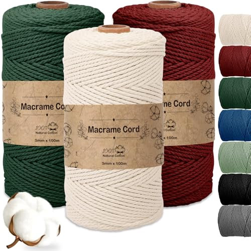 Vautvis 3 Filo Macrame 3MM, Corda Macramè 300g/100 M, Cordino Uncinetto, Corda Pettinata per Macrame, Filato Macrame Per Appendere La Parete, Fai Da Te, Artigianato, Decorazioni Boho (A)