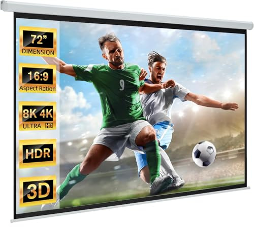 YODOLLA 72 Projector Screen Motorized 16:9, 4K HD Pull Down Retractable Projection Screens Electric Automatic Wall Ceiling Movie Screen for Office Classroom Indoor