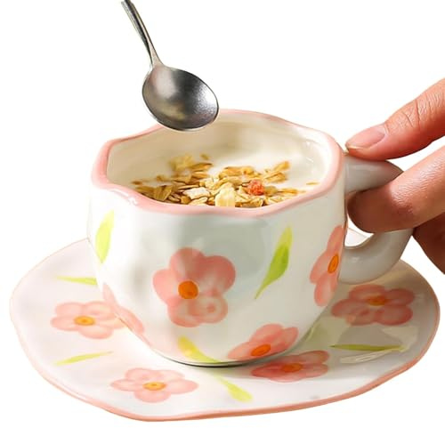 Juego de taza de té y platillo, taza de café floral con platillo | Taza de café de forma irregular,Taza de café con flores, cuerpo ancho, conjuntos de tazas elegantes