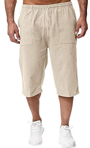 Mens Linen Shorts - 3/4 Length Shorts Men Loose Long Shorts Men's Three Quarter Pants Yoga Cargo Shorts Lightweight Lounge Elasticated Waist Drawstring Joggers with Pockets