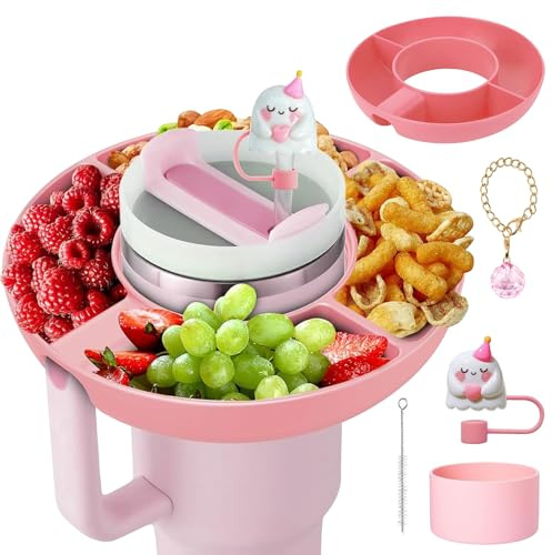RISAKOGO Snack Bowl for Stanley Cup 40 oz, Silicone Snack Plate with 5 Stanley Cup Accessories, Snack Plate for Sweets Candy Biscuit Nuts (Pink)