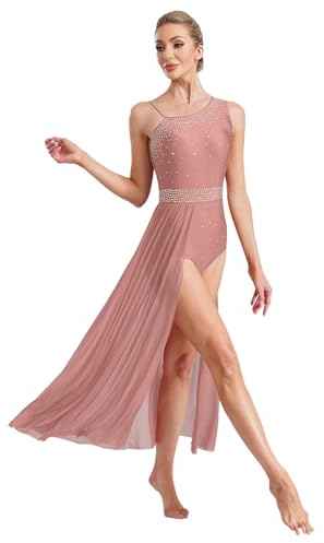 inhzoy Abito da Danza Classica Ballerina Donna Vestito da Balletto Ballo Lirico Contemporaneo con Strass Body da Ginnastica Ritmica Senza Maniche Costume da Allenamento Dusty Pink M