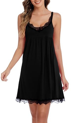 SHCNSJC Nattlinne dam sexig sommar underklänning dam spagettiband bomull med spets negligé för kvinnor nattkläder babydoll nattskjortor, En svart, L