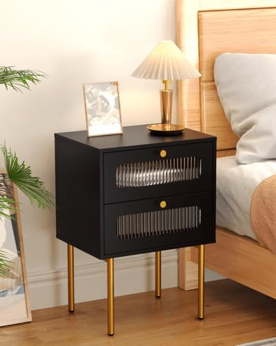 JERX Nachttisch, Nachtschrank mit, Prismenglas-Front, Modernes Design für Schlafzimmer, Gästezimmer, Goldene Metallfüße (Schwarz, 2 Schublade)