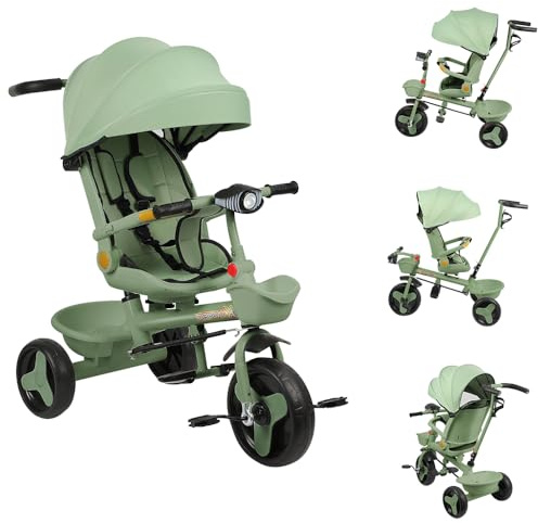 OHMG Tricycle 4 en 1,pour Enfants à partir de 1 à 5 Ans,avec Toit Pare-Soleil Amovible,Barre de poussée, Jogger,avec fenêtre de Toit,Ceintures de sécurité,pédale,siège Rotatif (A-Vert)