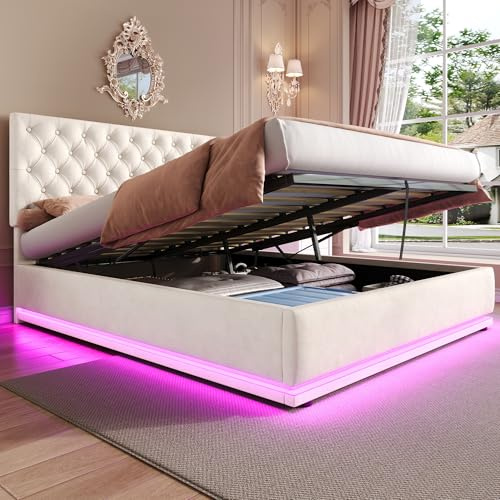 Miyemo Ottoman Double Bed with Storage, 4ft6 Upholstered Bed with Adjustable Headboard and LED-Lighting, Velvet, No Box Spring Needed, Beige, 135 * 190cm, (No Mattress)