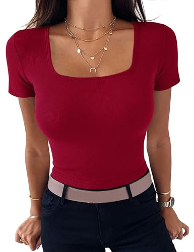 Aottori T-Shirt Donna Scollo Quadrato Costine Slim Fit Estivo | Magliette a Maniche Corte, Tops Basic, Aderente Elasticizzato, Tinta Unita, Elegante Sexy Casual