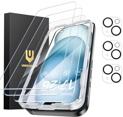 UNBREAKcable Protezione Schermo iPhone 15 - Confezione da 3, 3 Vetro Temperato + 3 Protezioni per Lenti Fotocamera, Durezza 9H, Alta Definizione, Anti-Impronte, Compatibile con Cover, 6,1 Pollici