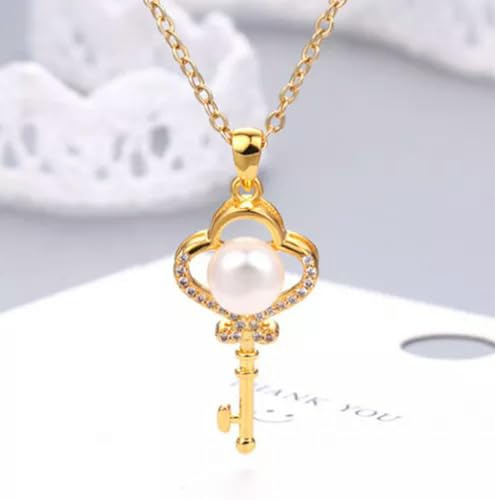Collana con Ciondolo a Forma di Chiave da Donna, con Lucchetto e Perla, Gioiello da Regalo Zingaro, Oro