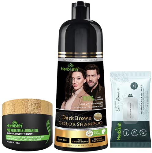 Herbishh Dunkelbraunes Haarfärbe-Shampoo, 200 ml + Fleckenentferner-Tücher + Argan-Haarmaske, 150 ml, saubere Färbung und Tiefenpflege