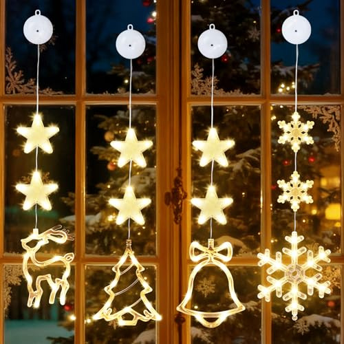 HOSSOM 4 Pièces LED Lumières de Ventouse de Noël, Éclairage de Fenêtre avec Ventouse, Minuterie, Guirlande Lumineuse LED pour Decoration Noel Interieur, Fête, Mariage