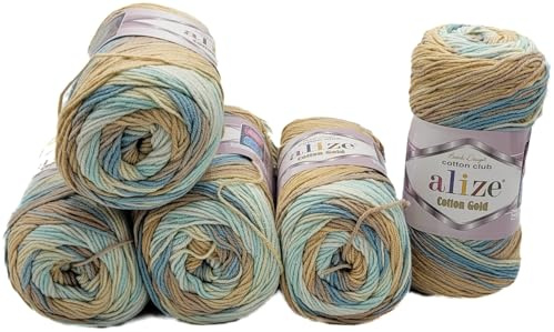 500g Strickwolle Ilkadim Export Cotton gold mit Farbverlauf mehrfarbig, 5 x 100 Gramm Strickgarn 55% Baumwolle (blau beige weiss 7938)