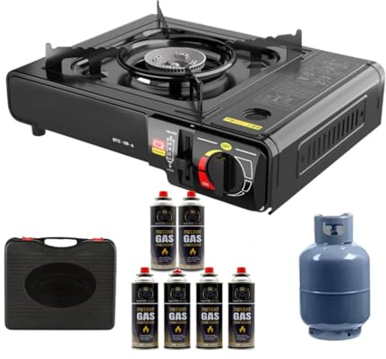 Portable Gas Stove with Carry Case +6 canister – Dual Fuel Compatible (Butane & LPG) | Camping Stove for Outdoor Cooking, BBQ, Caravan, Hiking, Emergency Use Auto Ignition, Adjustable Flame Control