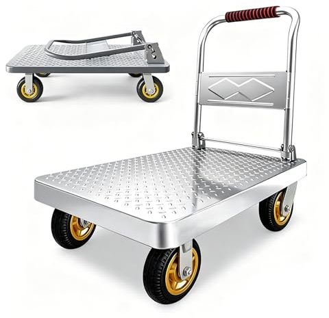 Plattformwagen Klappbar 300KG Große Räder, 60x40cm, Schwerlast Profi-Transportkarren für baumaterialien Industrie & Lagerhallen, Multifunktions-Handwagen mit Antirutsch-Stahlplatte