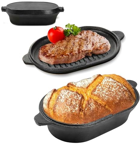 YushengTai 2 in 1 Gusseisen Topf Dutch Oven,Ovale 28 cm Große Gusseisenpfanne zum Brotbacken,Brotpfanne und Gusseisenofen mit Abdeckung zum Dämpfen, Grillen, Suppen, Toasten – Waschbarer Ofen