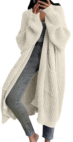 Generisk kofta dam lång grovstickad kofta vinter varm lång grovstickad kofta oversize stickad kofta tjock tröja öppen front lång kofta kofta dam oversize, D vit, XL
