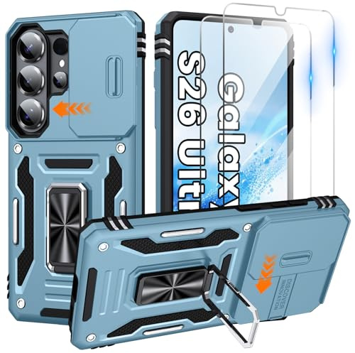 for Samsung Galaxy S26 Ultra Case with 2 PCS HD Screen Protector, Slide Camera Cover 360° Rotating Ring Kickstand, Military Grade Shockproof Heavy Duty Protection for S26 Ultra Case, Light Blue