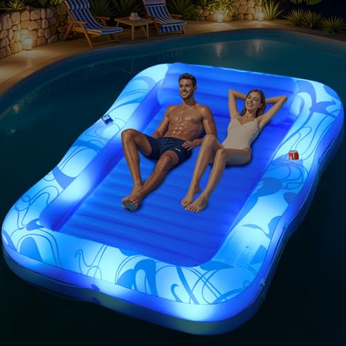LuxBlue Pool Luftmatratze Erwachsene, Solar Wasser Luftmatratze mit Farbwechselnden Leuchten, 200 * 150CM Schwimmmatratze Erwachsene mit Aufblasbaren Kissen & Getränkehalter, Luftmatratzen für Pool