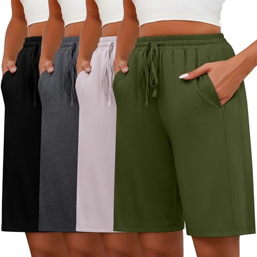 Geyoga Lot de 4 Bermudas pour Femmes, Taille Élastique avec Cordon de Serrage, Jambes Larges et Jambes Longues.