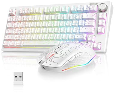 RedThunder K75 Gaming Tastatur und Maus Set Kabellos, 75% US Layout, Seitliche TKL Membrantastatur, 2,4G/USB/BT-Modus, Dual-Betriebssystem, Dreimodus-Maus, 4800 DPI, 4000 mAh. (Weiße Kontur)
