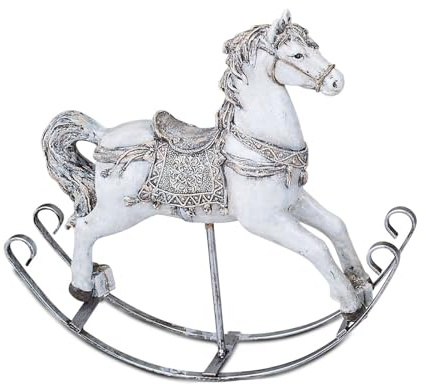 formano Schaukelpferd Weihnachtsdeko 21cm Kunststein Figur Handbemalte Dekofigur Weiß-Silber Winterliche Tischdeko Fensterbankdekoration