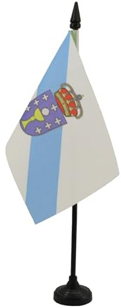 AZ FLAG Drapeau de Table Galice 15x10 cm Polyester 100D Socle Plastique | Usage intérieur Drapeau de bureau de Galicia finition cousue et bords renforcés avec mât en plastique et socle en plastique