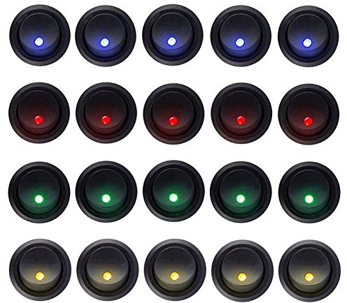 Carviya Kippschalter, 20 Stück, 5 blau + 5 rot + 5 grün + 5 orange, mit LED-Licht, Rund, Ein-/Ausschalten für Auto, LKW, Rennwagen, Wohnmobil, Marine, Schwerlastwagen, Geländefahrzeuge, Quad