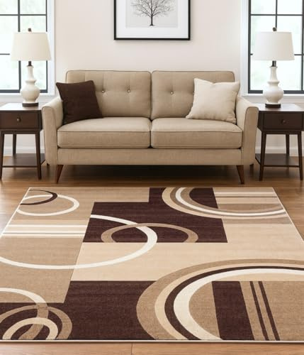 Well Woven Ruby Echo Shapes & Circles Geometric Ivory and Beige 8 by 10 Rug for Living Rooms & Dining Rooms - Soft Rug, Stain Resistant Living Room Carpet, Easy to Clean, Large Neutral Floor Décor