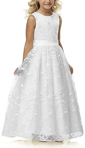 A line Wedding Pageant Lace Flower Girl Dress with Belt (Size 4, White)
