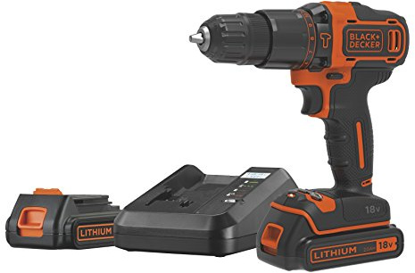 BLACK+DECKER Taladro percutor 18V con 2 baterías de litio 2.0Ah, portabrocas 10mm, 2 velocidades, par máximo 40Nm, luz LED, empuñadura antideslizante, incluye maletín, BDCHD18K1B2