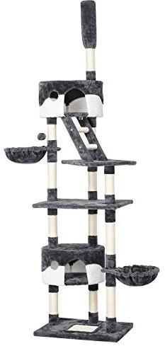 Yaheetech Kratzbaum deckenhoch XXL Kletterbaum mit 2 Katzenhöhlen und Katzenkorb Sisalstämmen Katzenbaum höhenverstellbar 228-255 cm, Grau-weiß