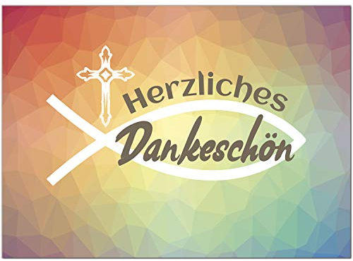 Einladungskarten Manufaktur Hamburg 10 x Dankeskarten mit Umschlag - Moderner Verlauf Mosaik Fisch und Kreuz - Danksagung/Bedanken/Danke sagen zur Taufe, Kommunion, Konfirmation, kirchlich