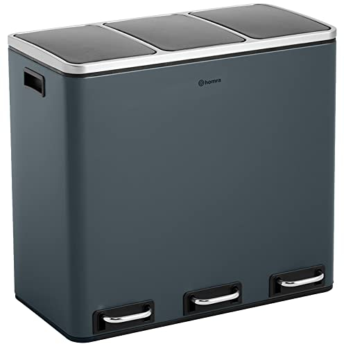 Homra - Cubo de reciclaje con 3 compartimentos y pedal, 54 l (3 x 18 litros) - Cubo triple grande - Cubo de basura con diseño de acero inoxidable - Blanco mate